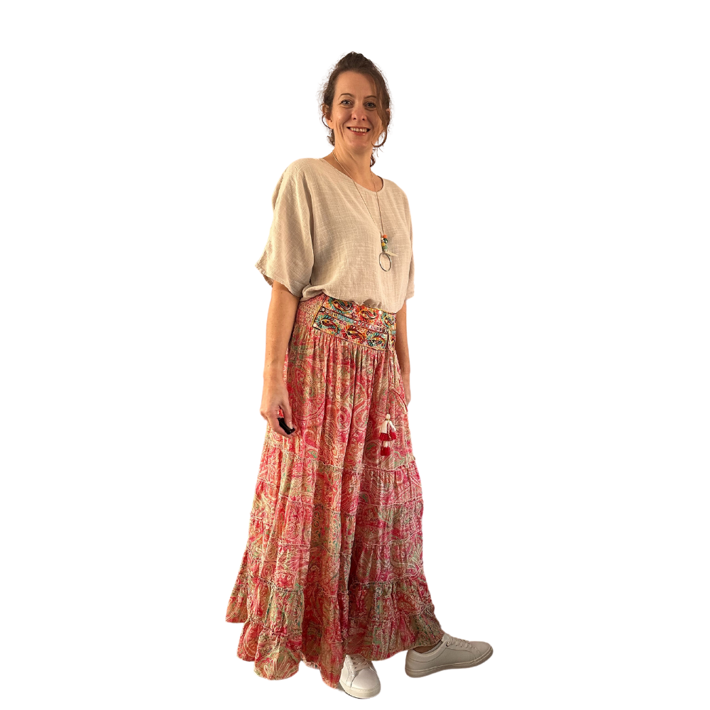 Pink Paisley long tiered maxi skirt with embroidered waist band (A163)