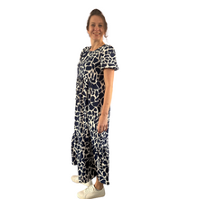 Load image into Gallery viewer, Navy Blue Cow print dress with puff sleeves and a tucked in waistband (A167)