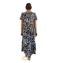 Load image into Gallery viewer, Navy Blue Cow print dress with puff sleeves and a tucked in waistband (A167)