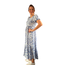 Load image into Gallery viewer, Blue Cow print dress with puff sleeves and a tucked in waistband (A167)