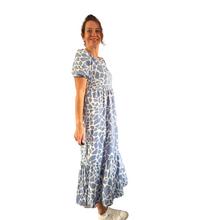Load image into Gallery viewer, Blue Cow print dress with puff sleeves and a tucked in waistband (A167)