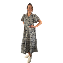 Load image into Gallery viewer, Black Abstract print dress with collar, loose sleeves and frill at the bottom (A168)