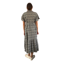 Load image into Gallery viewer, Black Abstract print dress with collar, loose sleeves and frill at the bottom (A168)