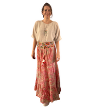 Load image into Gallery viewer, Pink Paisley long tiered maxi skirt with embroidered waist band (A163)
