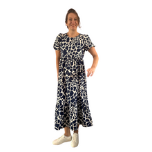 Load image into Gallery viewer, Navy Blue Cow print dress with puff sleeves and a tucked in waistband (A167)