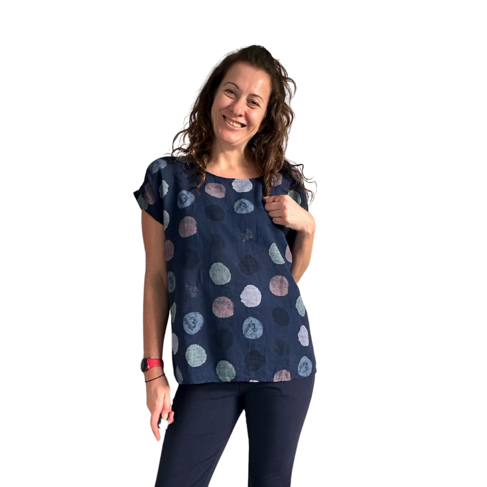 Navy with multi coloured Dots T shirt  (A107) - Made in Italy