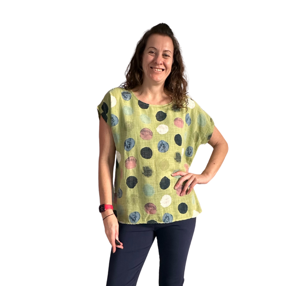 Lime green with multi coloured Dots T shirt  (A107) - Made in Italy