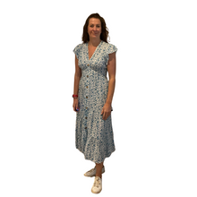 Load image into Gallery viewer, Ladies Turquoise blue V neck button front floral dress (A169)