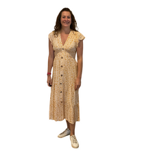 Load image into Gallery viewer, Ladies Mustard V neck button front floral dress (A169)