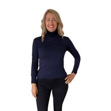 Load image into Gallery viewer, Navy blue Ruffle Neck Polo Neck with Frill Sleeves... Elegant Women's Top for All Occasions a175