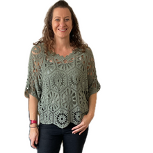Load image into Gallery viewer, Khaki green Big Daisy crochet top with undervest.