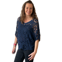Load image into Gallery viewer, Navy Big Daisy crochet top with undervest.