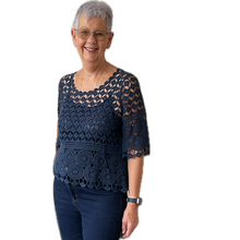 Load image into Gallery viewer, Navy blue Diamond crochet top with undervest.