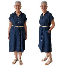 Load image into Gallery viewer, Women's Navy blue Anglaise Pattern cap sleeve belt dress (A173)