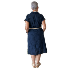 Load image into Gallery viewer, Women's Navy blue Anglaise Pattern cap sleeve belt dress (A173)