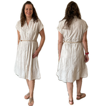 Load image into Gallery viewer, Women's Beige Anglaise Pattern cap sleeve belt dress (A173)