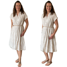 Load image into Gallery viewer, Women's Beige Anglaise Pattern cap sleeve belt dress (A173)