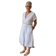 Load image into Gallery viewer, Women's White Anglaise Pattern cap sleeve belt dress (A173)