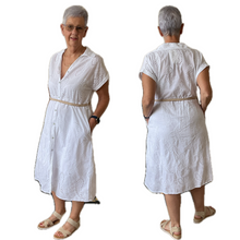 Load image into Gallery viewer, Women's White Anglaise Pattern cap sleeve belt dress (A173)