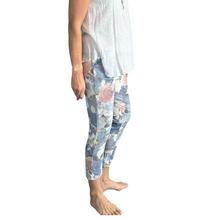 Load image into Gallery viewer, Light Denim rose printed Italian Joggers for casual, everyday wear.