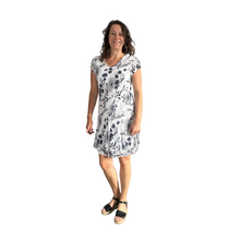 Load image into Gallery viewer, White with Navy Dandelion stretchy dress with cap sleeves for women (A160)