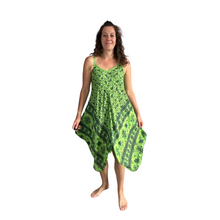Load image into Gallery viewer, Bright green with Blue Elephant Design Handkerchief Dress (AA74)