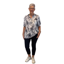 Load image into Gallery viewer, Ladies white/navy dandelion print shirt (A127)