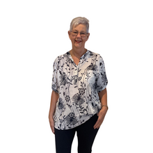 Load image into Gallery viewer, Ladies white/navy dandelion print shirt (A127)