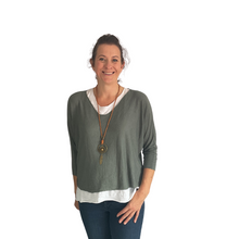 Load image into Gallery viewer, Ladies 2 Piece Layer Plain Top with Necklace with 3/4 Sleeves (A91) - Made in Italy (khaki Green)