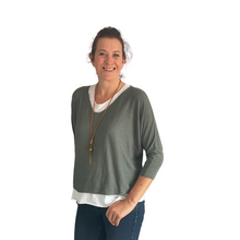 Load image into Gallery viewer, Ladies 2 Piece Layer Plain Top with Necklace with 3/4 Sleeves (A91) - Made in Italy (khaki Green)
