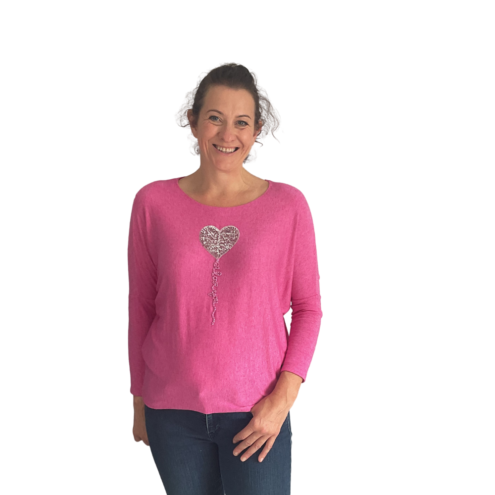 Fuchsia pink Heart balloon soft knit top for women. (A156)