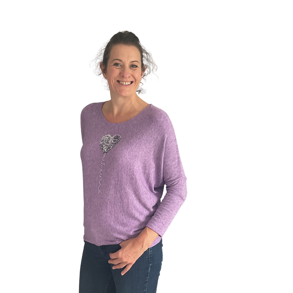 Lilac Heart balloon soft knit top for women. (A156)
