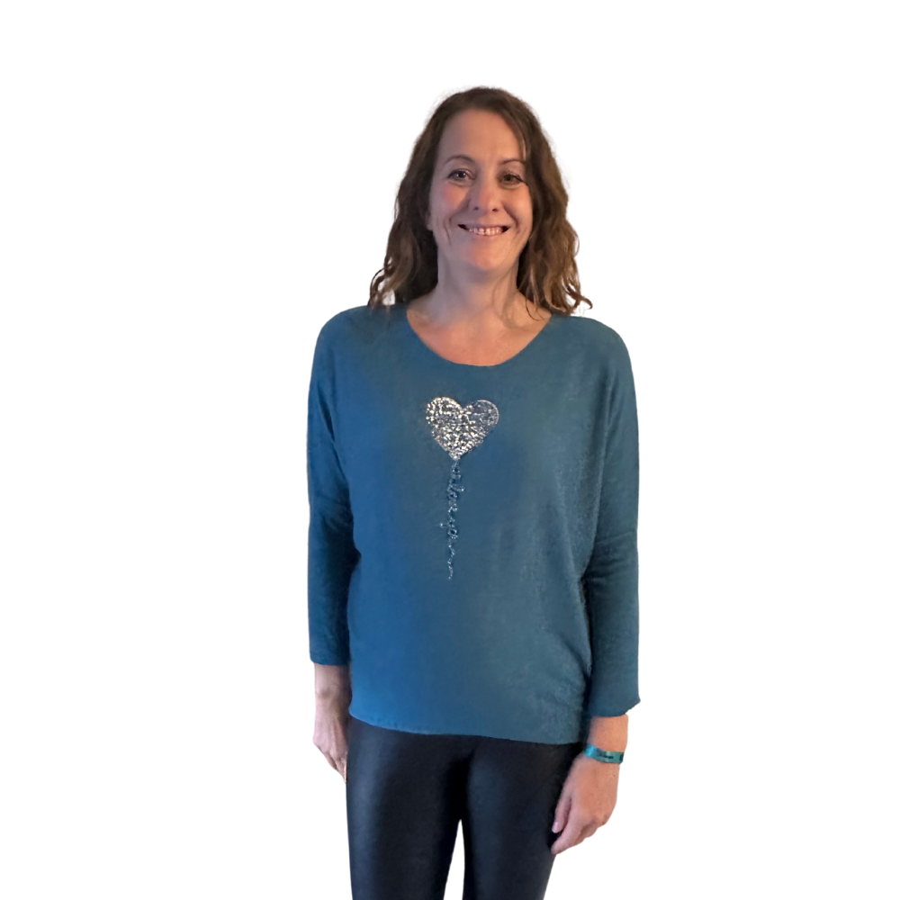 Teal Heart balloon soft knit top for women. (A156)