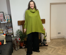 Load image into Gallery viewer, Bright green Oversized Cowl Neck Poncho Jumper with Tassels | Flattering One Size UK 12–24