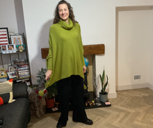 Load image into Gallery viewer, Bright green Oversized Cowl Neck Poncho Jumper with Tassels | Flattering One Size UK 12–24