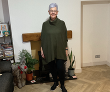 Load image into Gallery viewer, Khaki green Oversized Cowl Neck Poncho Jumper with Tassels | Flattering One Size UK 12–24
