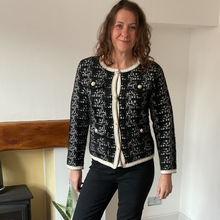 Load image into Gallery viewer, Black Tweed Style Pearl Button Jacket | Waist-Length Elegant Jacket | One Size Fits UK 10–14 | Pamper Yourself now A181