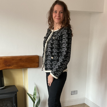 Load image into Gallery viewer, Black Tweed Style Pearl Button Jacket | Waist-Length Elegant Jacket | One Size Fits UK 10–14 | Pamper Yourself now A181