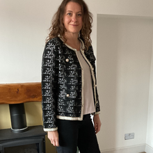 Load image into Gallery viewer, Black Tweed Style Pearl Button Jacket | Waist-Length Elegant Jacket | One Size Fits UK 10–14 | Pamper Yourself now A181