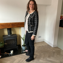 Load image into Gallery viewer, Black Tweed Style Pearl Button Jacket | Waist-Length Elegant Jacket | One Size Fits UK 10–14 | Pamper Yourself now A181