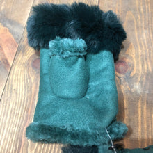 Load image into Gallery viewer, Green Faux Fur Trimmed Fingerless Gloves.