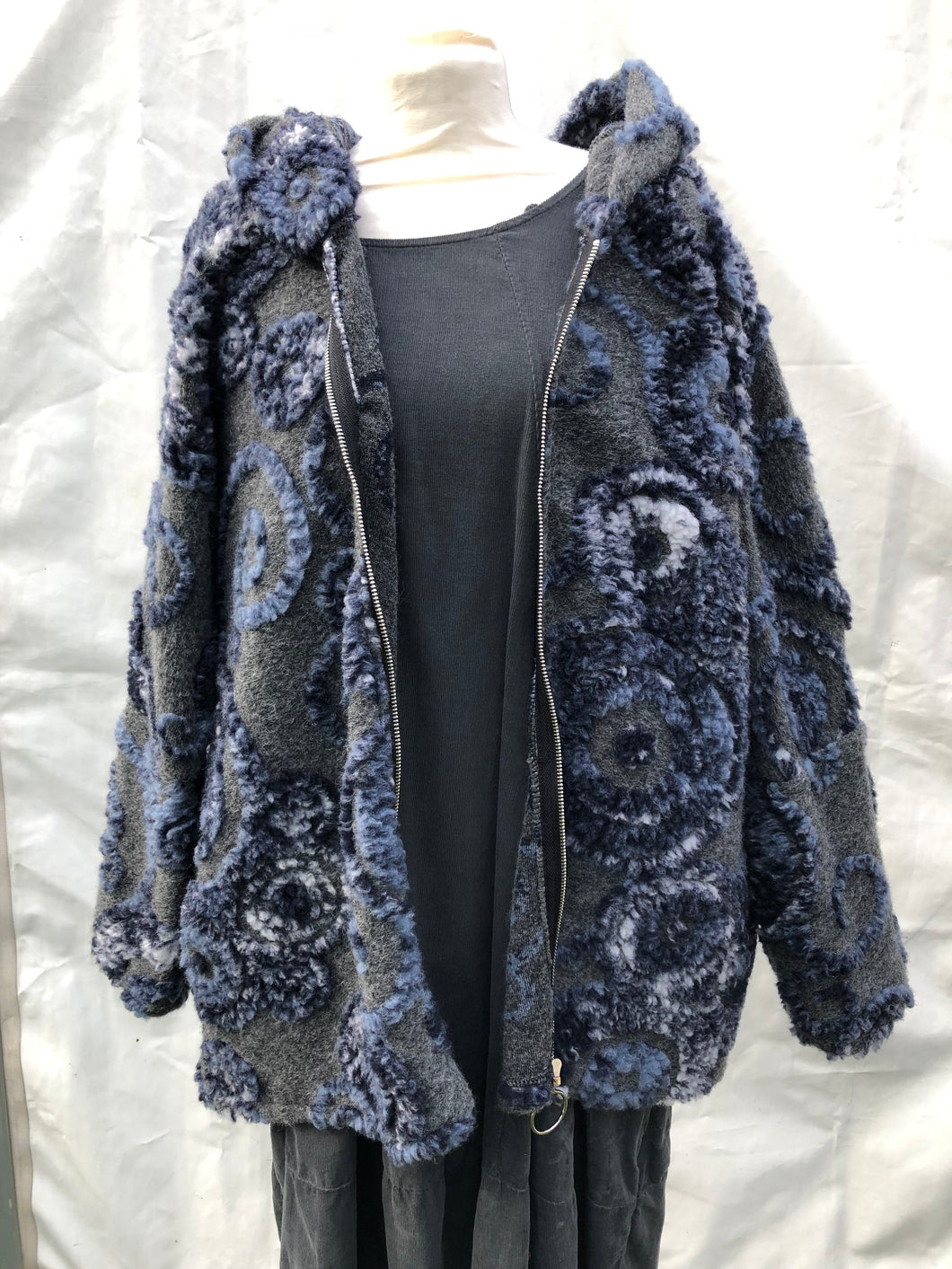 Grey with navy, blue ad white swirl design 100% wool coat