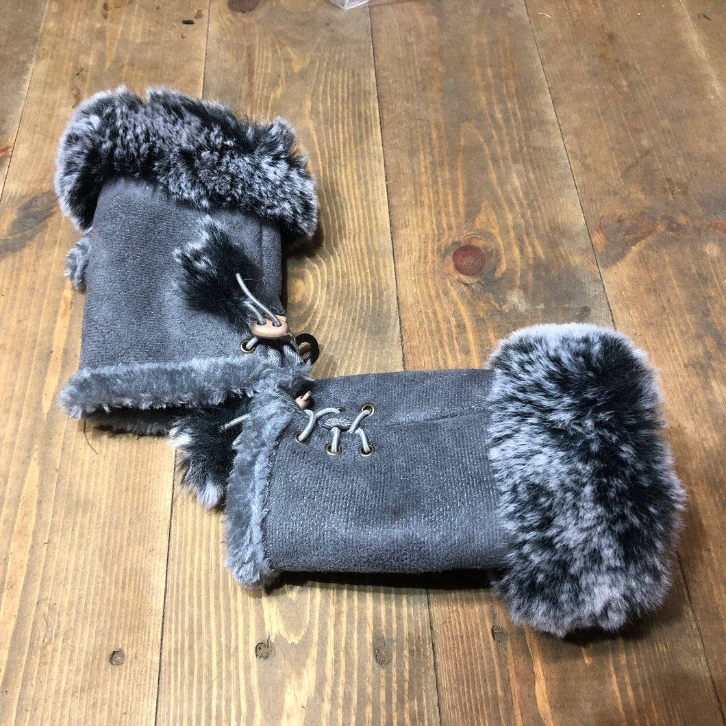 Grey with black/white Faux Fur Trimmed Fingerless Gloves.