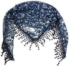 Load image into Gallery viewer, Pamper Yourself Now Blue with White Glittery Flower lace Triangle Scarf with lace Trim