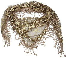 Load image into Gallery viewer, Pamper Yourself Now Brown with White Glittery Flower lace Triangle Scarf with lace Trim