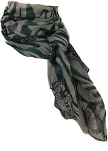 Load image into Gallery viewer, Beige with Green Zebra Animal Print with Butterflies Chiffon Style Thin Scarf.
