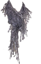 Load image into Gallery viewer, Pamper Yourself Now Grey Leaves Designs lace Triangle Scarf. a Lovely Fashion Item. Fantastic Gift