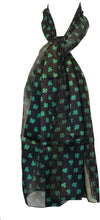 Load image into Gallery viewer, Pamper Yourself Now Black with Green Four Leaf Clover Scarf Thin Pretty Scarf