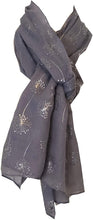 Load image into Gallery viewer, Pamper Yourself Now Grey with Silver Dandelion Design Long Scarf