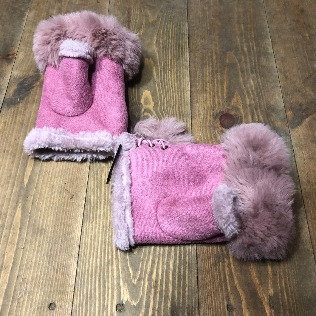 Pink Faux Fur Trimmed Fingerless Gloves.